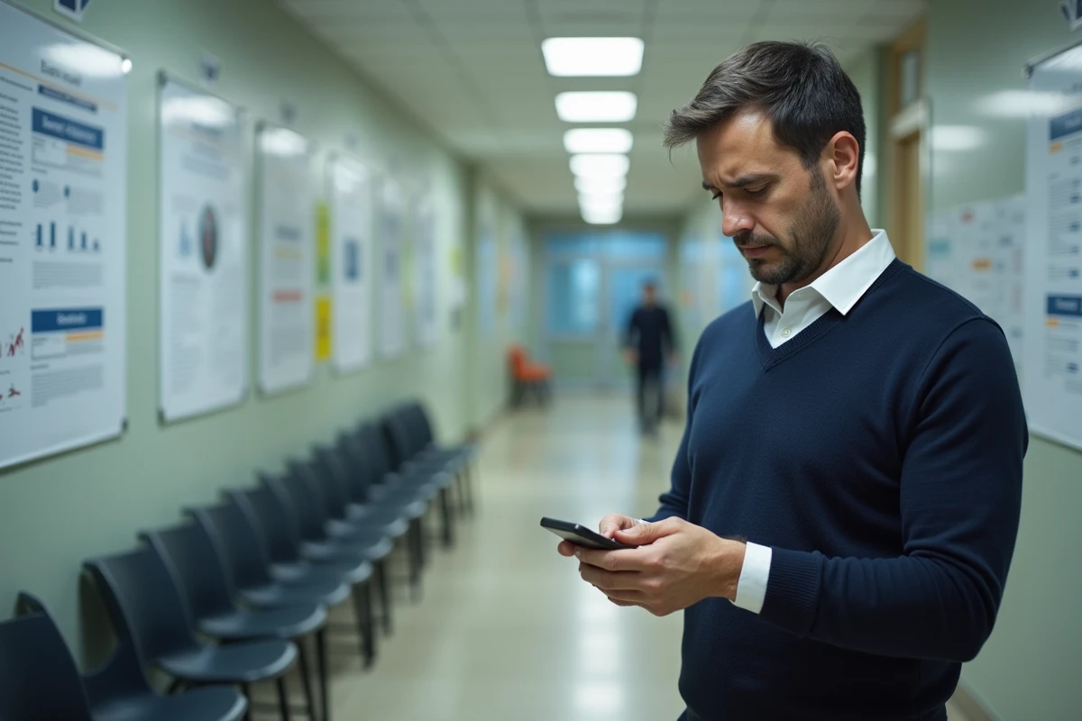 Homme d age moyen regardant son smartphone dans un bureau