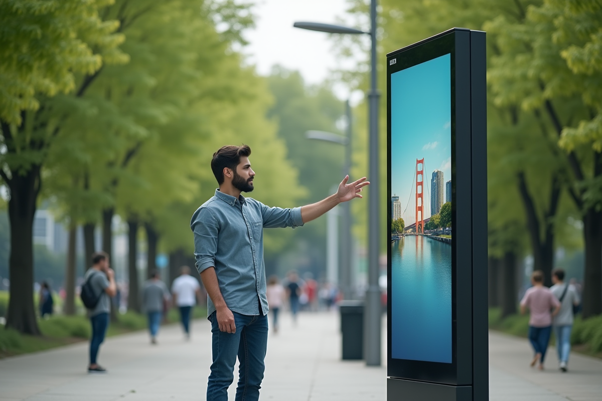 Jeune homme dans un parc urbain interagissant avec une affiche digitale