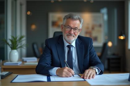 Homme d'&acirc;ge moyen signant des documents officiels au bureau