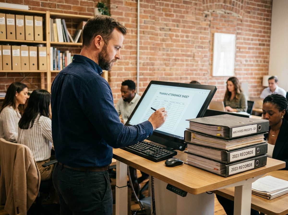 Homme en espace de coworking signant électroniquement une feuille de présence de session tout en conservant des archives papier comme preuves solides