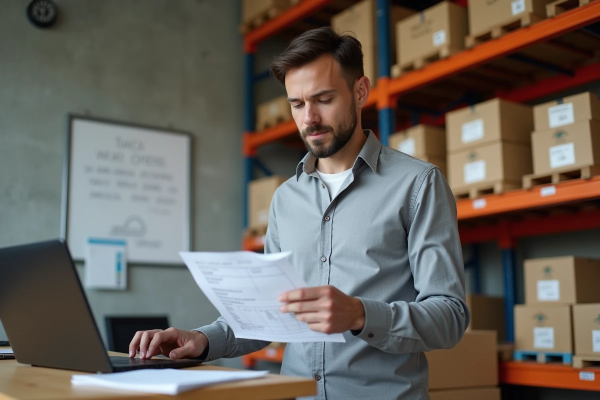 Homme gérant une commande et le suivi de livraison dans un bureau logistique avec des étagères de colis en arrière-plan