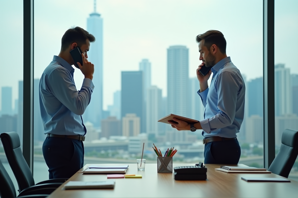 Homme d affaires parlant au téléphone dans un bureau avec vue urbaine