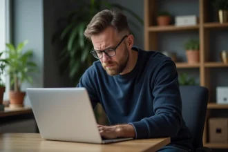 Homme concentré travaillant sur son ordinateur dans un bureau moderne