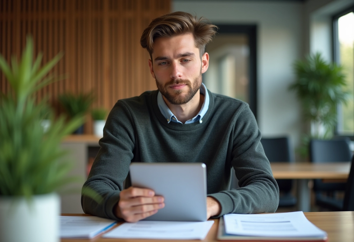 Jeune homme en tenue décontractée travaillant au bureau