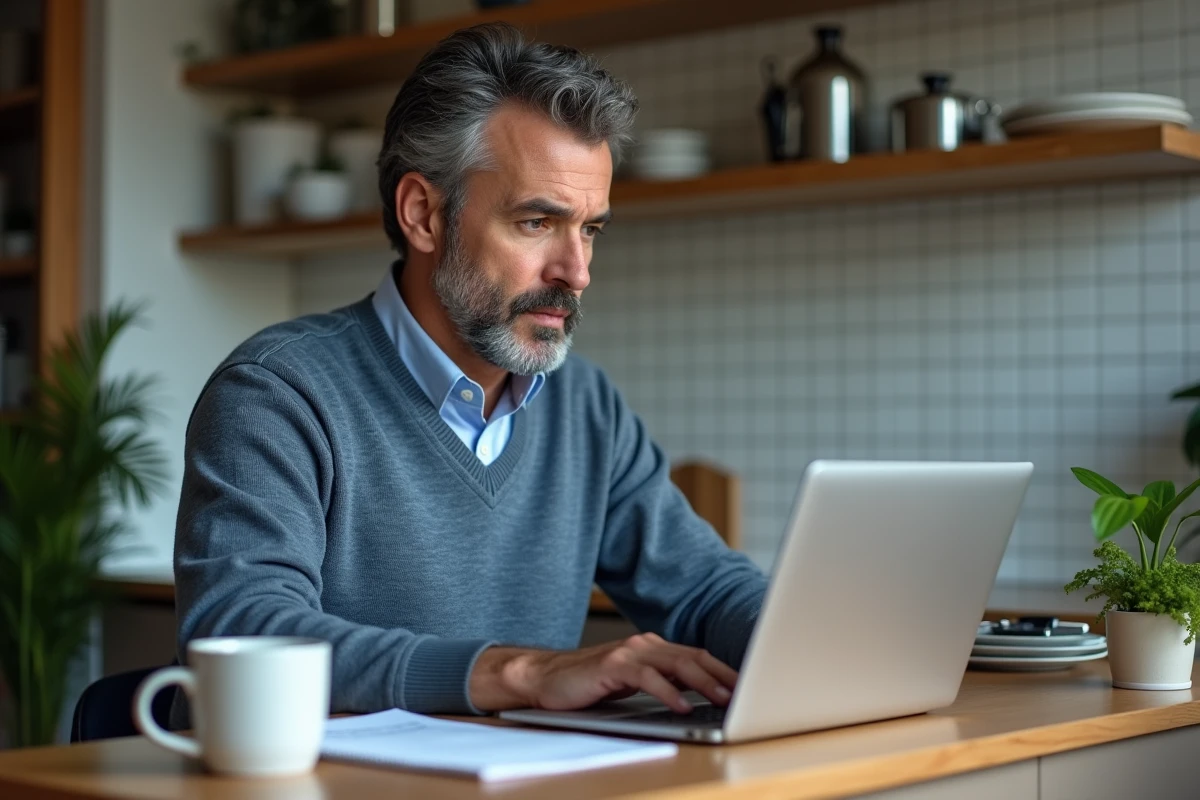 Homme au laptop &agrave; la maison en reviewant un simulateur de salaire