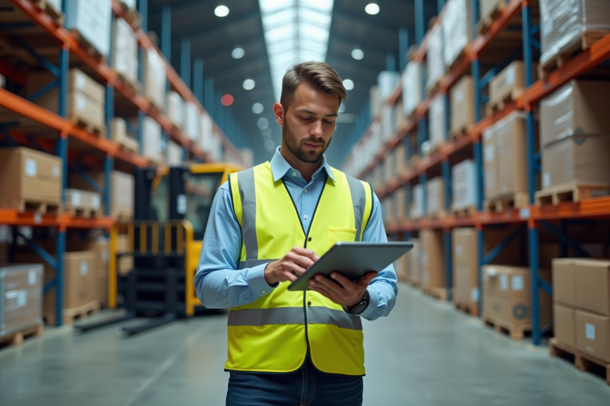 Homme en vestiaire haute visibilité vérifiant un inventaire en entrepôt