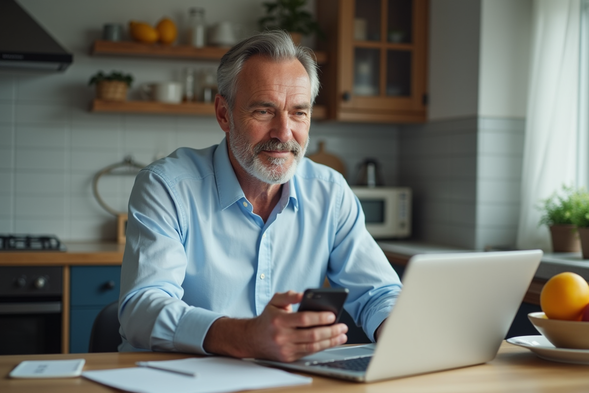 Homme en visioconference dans une cuisine moderne