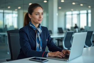 Hôtesse Air France en uniforme connectée au portail intranet Intralignes sur son ordinateur portable dans un bureau administratif