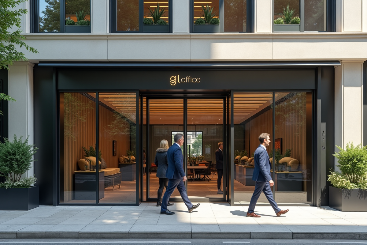 Gloffice moderne à Paris avec passants en journée ensoleillée