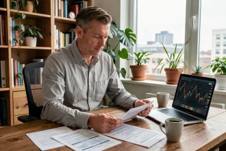 Travailleur indépendant analysant ses documents fiscaux liés aux cryptomonnaies RobTheCoins dans son bureau à domicile