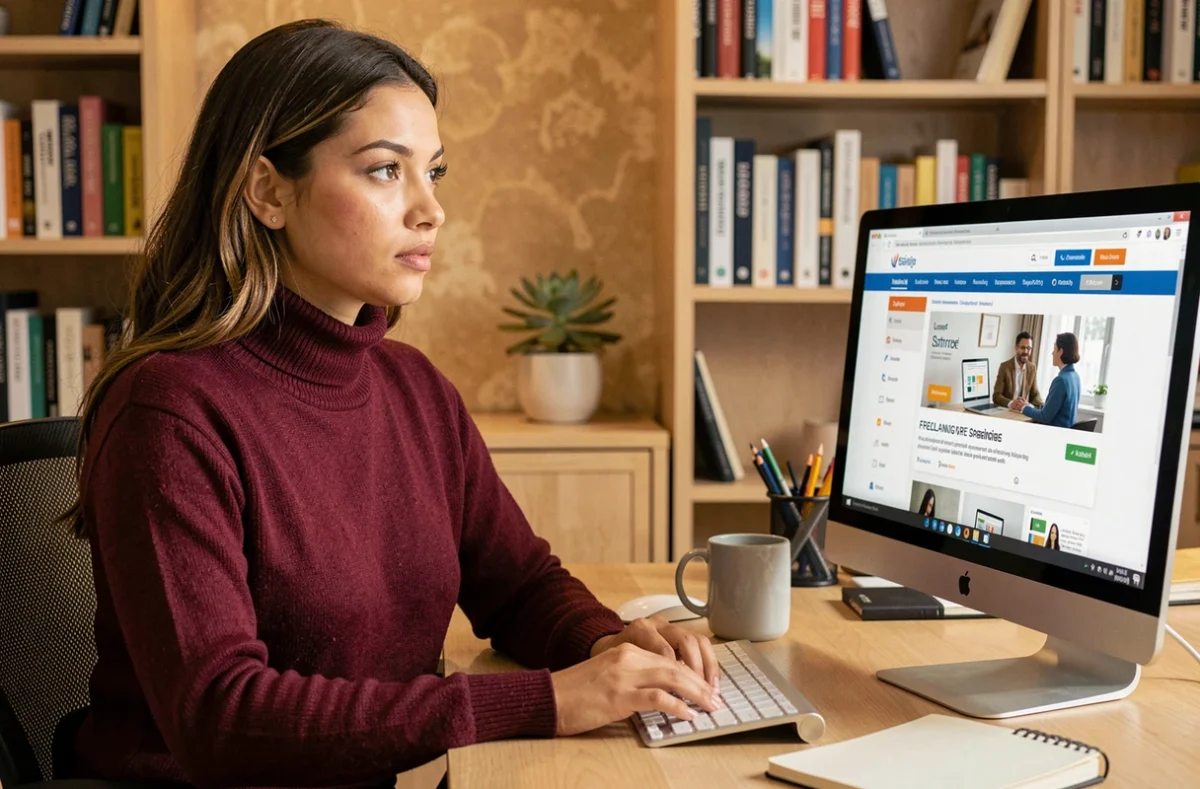 Professionnelle indépendante recherchant des informations sur le portage salarial depuis son bureau à domicile