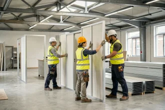 Équipe de construction assemblant des cloisons modulaires démontables dans un espace de bureau à Lille