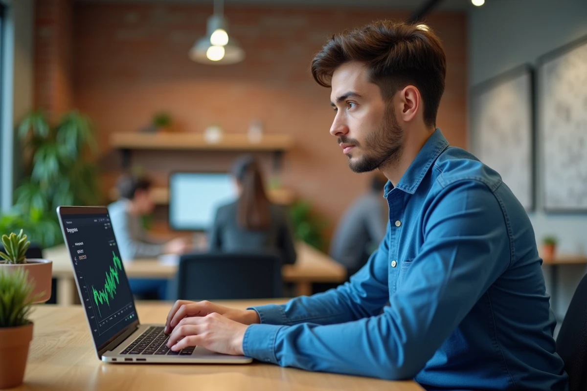 Jeune analyste concentr&eacute; sur son ordinateur portable