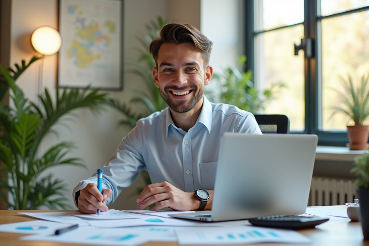 Jeune entrepreneur confiant dans un bureau lumineux