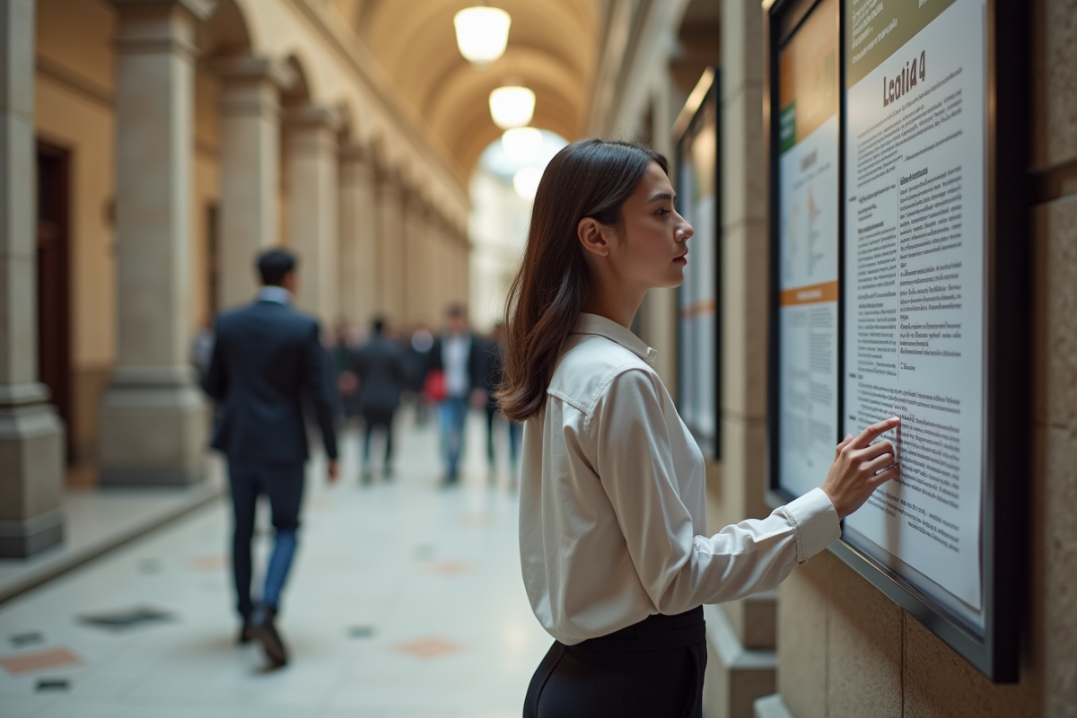 Jeune femme lisant une affiche loi 14 dans un hall