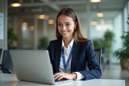 Jeune agente municipale souriante au bureau &agrave; Paris