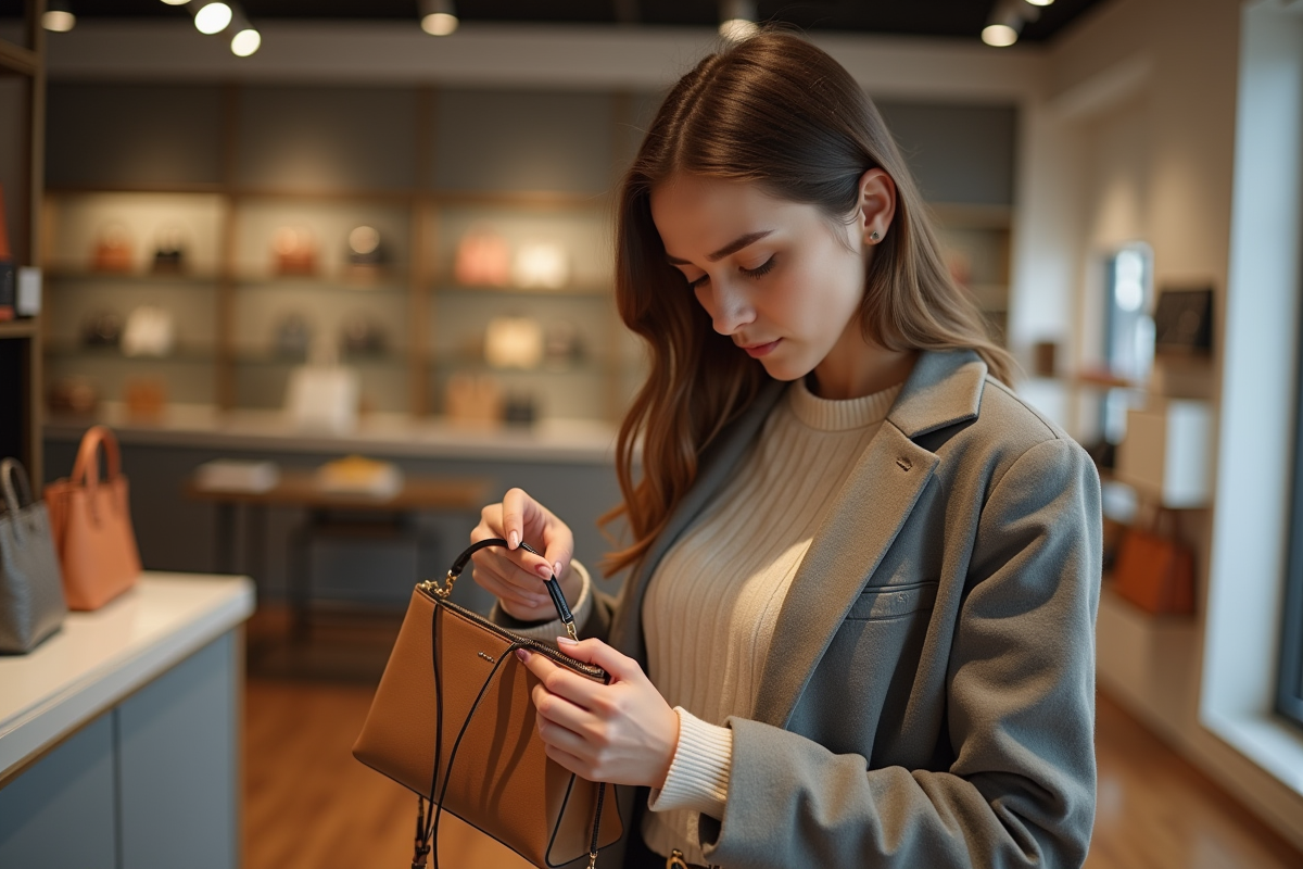 Jeune femme examine un sac à main de luxe en boutique