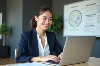 Jeune femme professionnelle souriante au bureau avec ordinateur