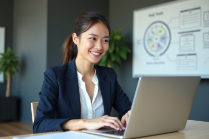 Jeune femme professionnelle souriante au bureau avec ordinateur