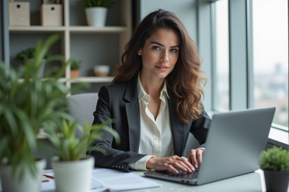 Jeune femme professionnelle travaillant sur son ordinateur dans un bureau moderne