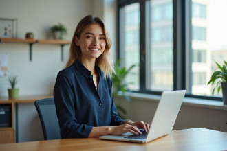 Jeune femme professionnelle travaillant sur un ordinateur dans un bureau moderne