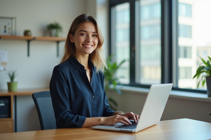 Jeune femme professionnelle travaillant sur un ordinateur dans un bureau moderne