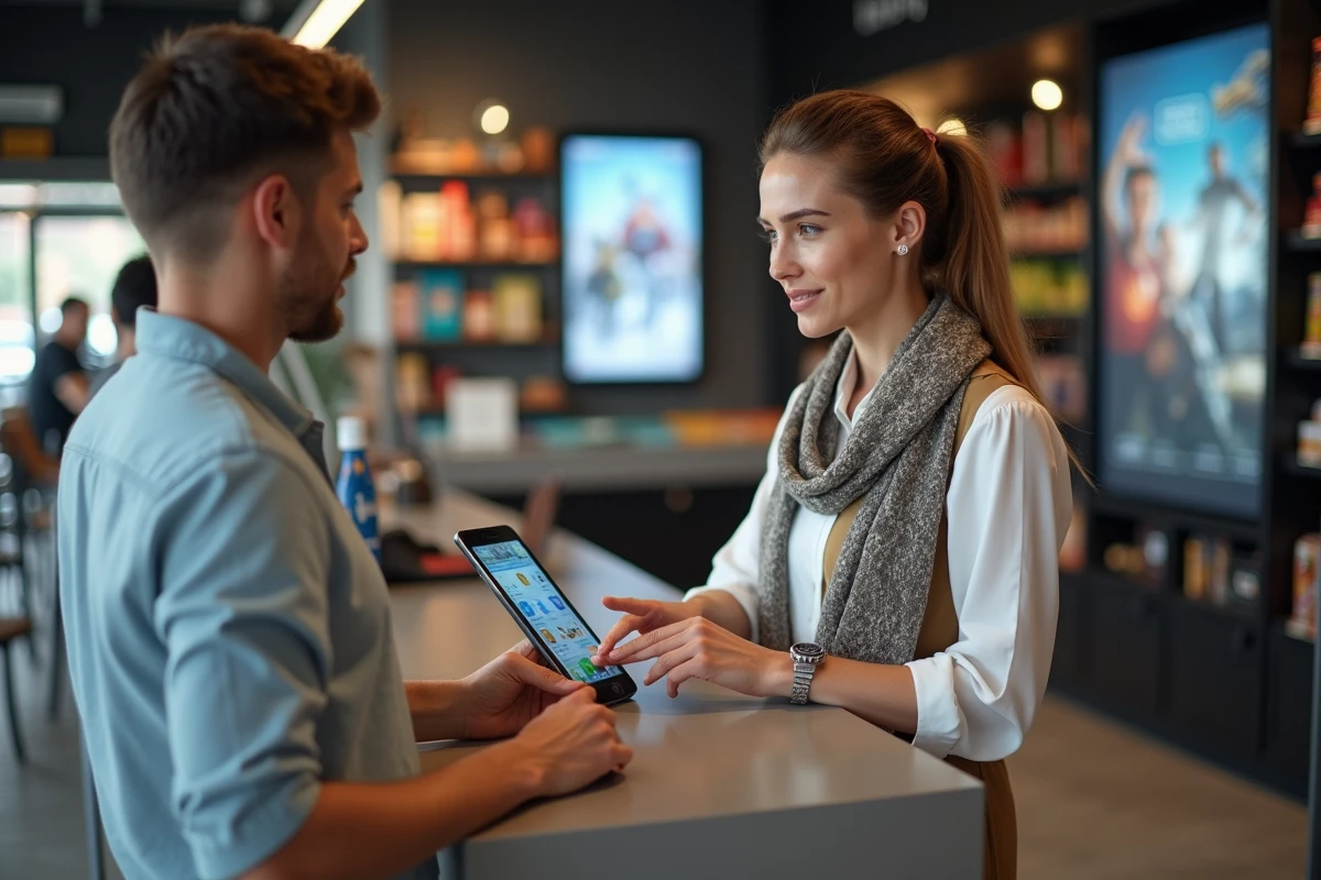 Assistante en boutique montrant une nouvelle application sur tablette