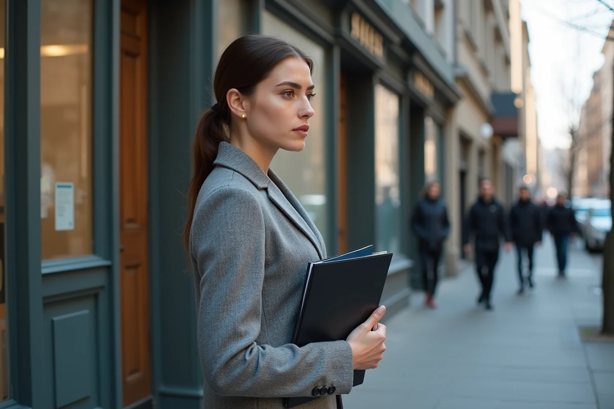 Jeune femme avec un dossier devant une agence emploi