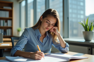 Jeune femme en étude logistique dans une bibliothèque lumineuse