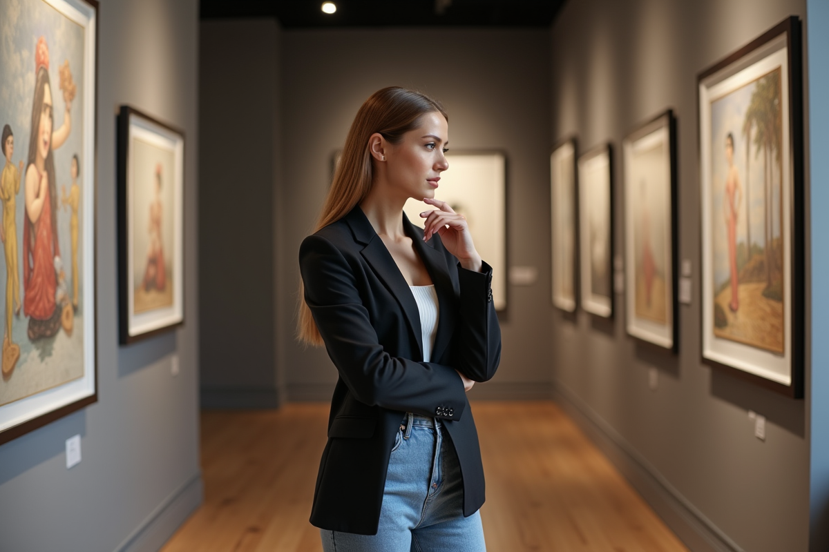 Jeune femme examinant une étiquette de prix dans une galerie d