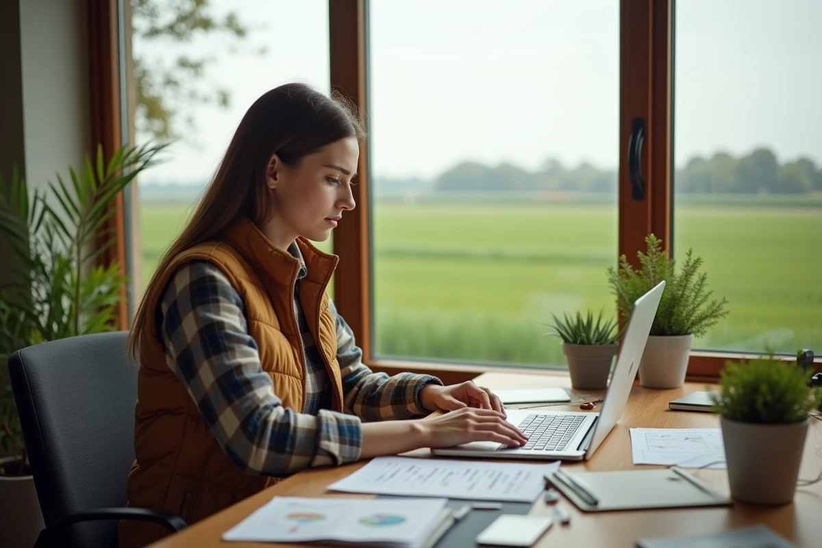 Jeune femme gestionnaire agricole au bureau avec ordinateur