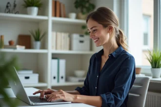 Jeune femme vérifiant un SIRET sur son ordinateur dans un bureau