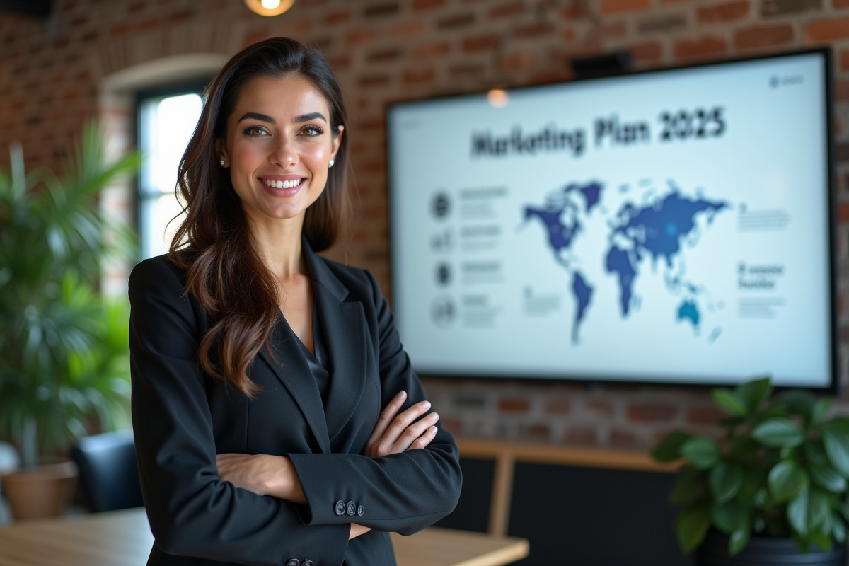 Jeune femme confiante devant un écran infographique marketing