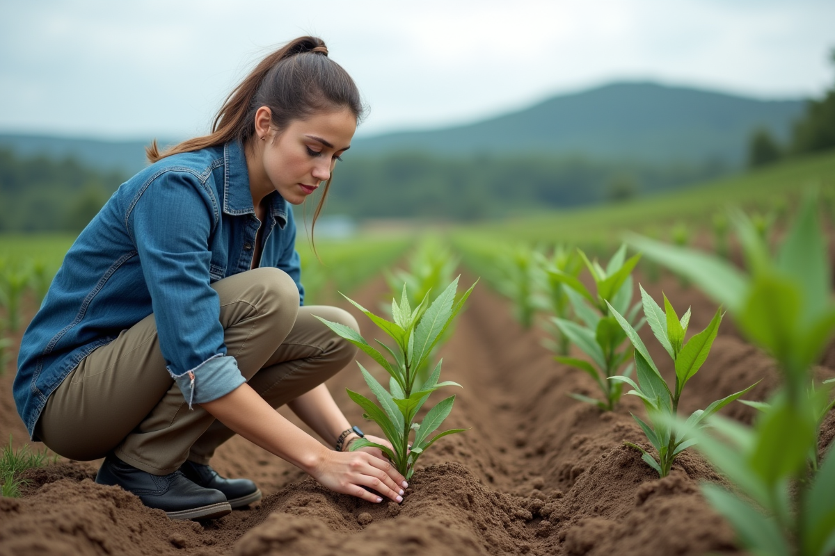 Jeune femme inspectant des jeunes plants en reforestation