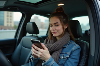 Jeune femme dans une voiture en ville utilisant son smartphone