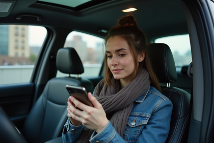 Jeune femme dans une voiture en ville utilisant son smartphone