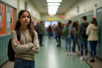 Jeune fille au lyc&eacute;e avec expression pensive dans le couloir