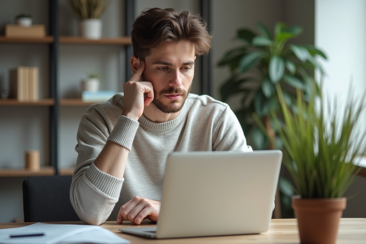 Jeune homme en sweater travaillant sur son ordinateur à domicile