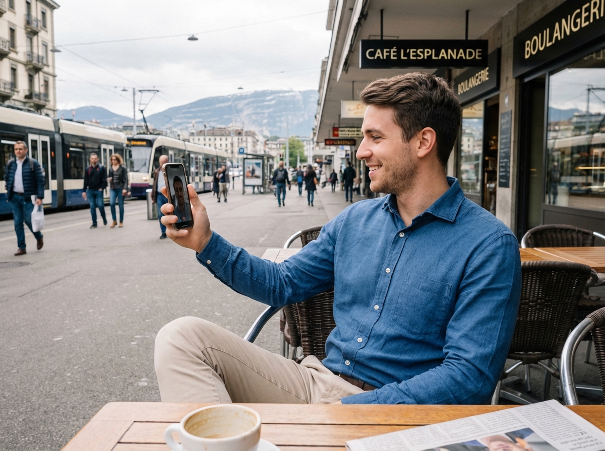 Jeune homme en terrasse de caf&eacute; suisse en visioconference