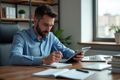 Jeune homme en bleu compare outils de productivite