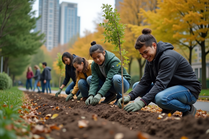 Groupe divers plantant des jeunes arbres dans un parc urbain