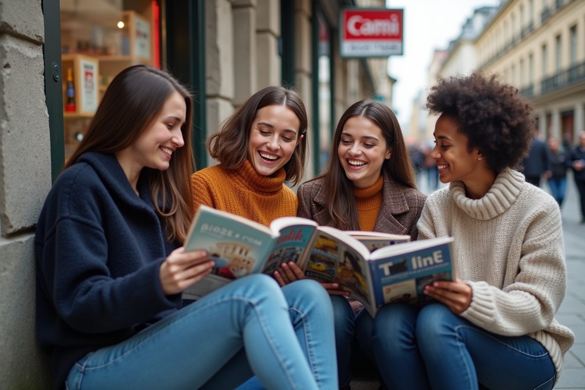 Jeunes adultes discutant de magazines en extérieur en ville