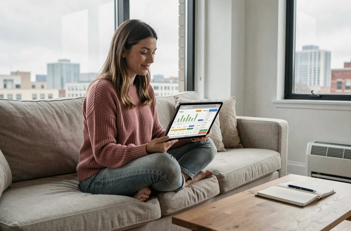 Une femme jouant à Cémantik sur une tablette dans son salon, suivant sa progression et ses scores quotidiens