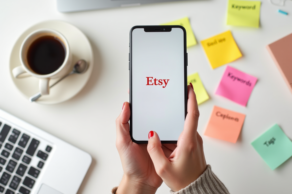Main tenant un smartphone avec l application Etsy et notes colorées