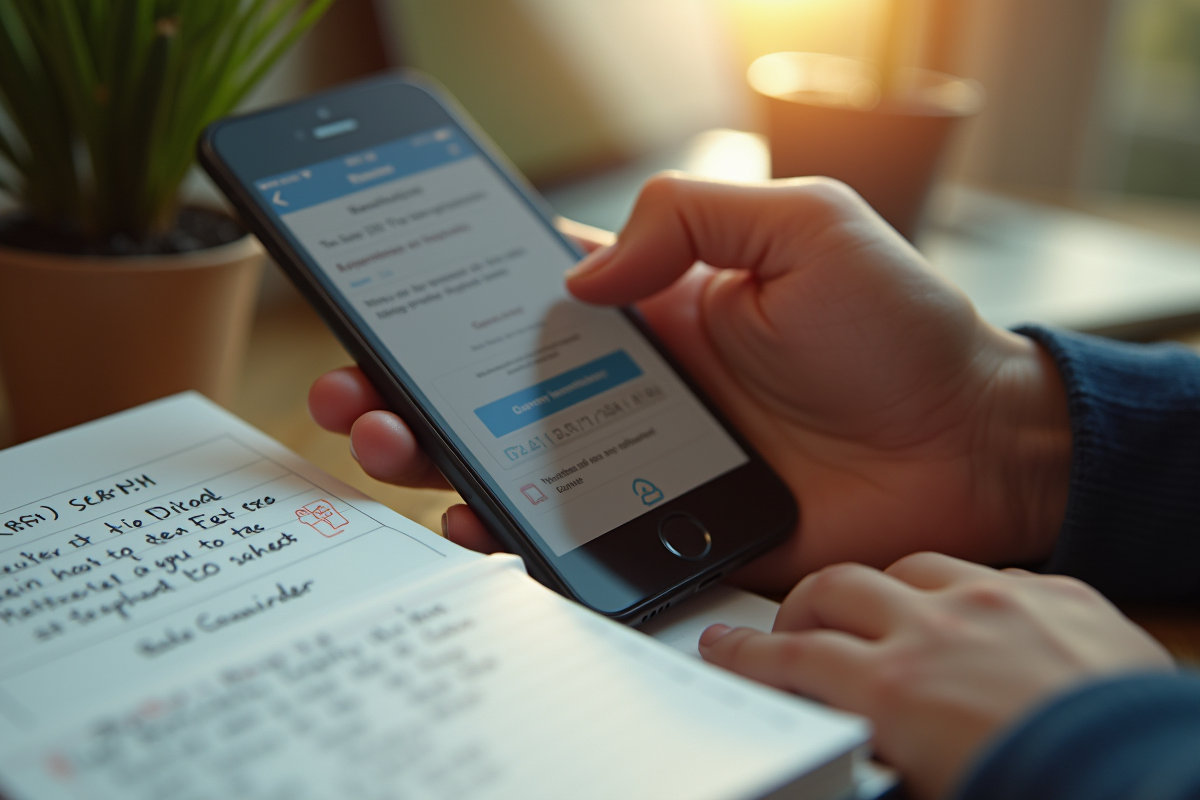 Main tenant un smartphone avec rappels et notes manuscrites