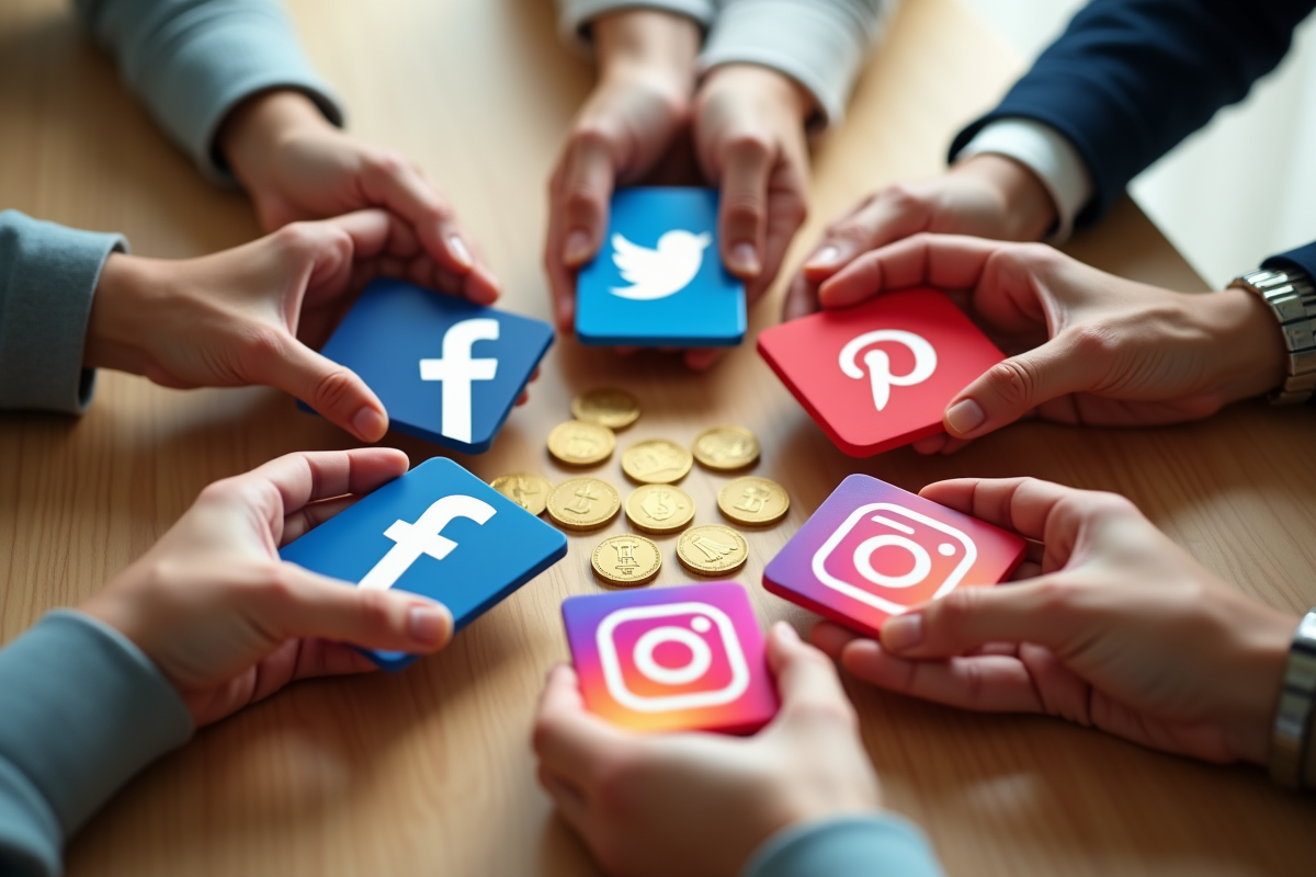 Mains tenant des icônes de réseaux sociaux et pièces de monnaie