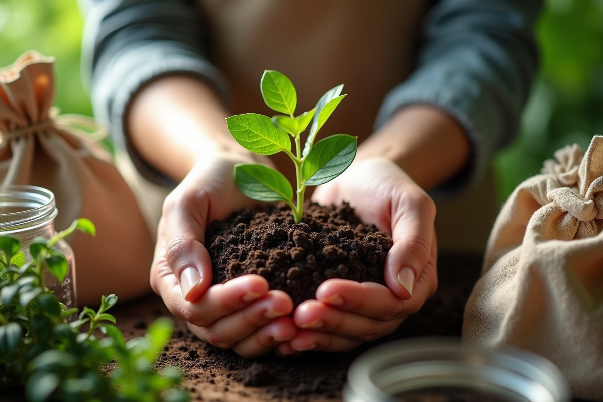 Mains tenant une plante verte saine avec sol et contenants réutilisables