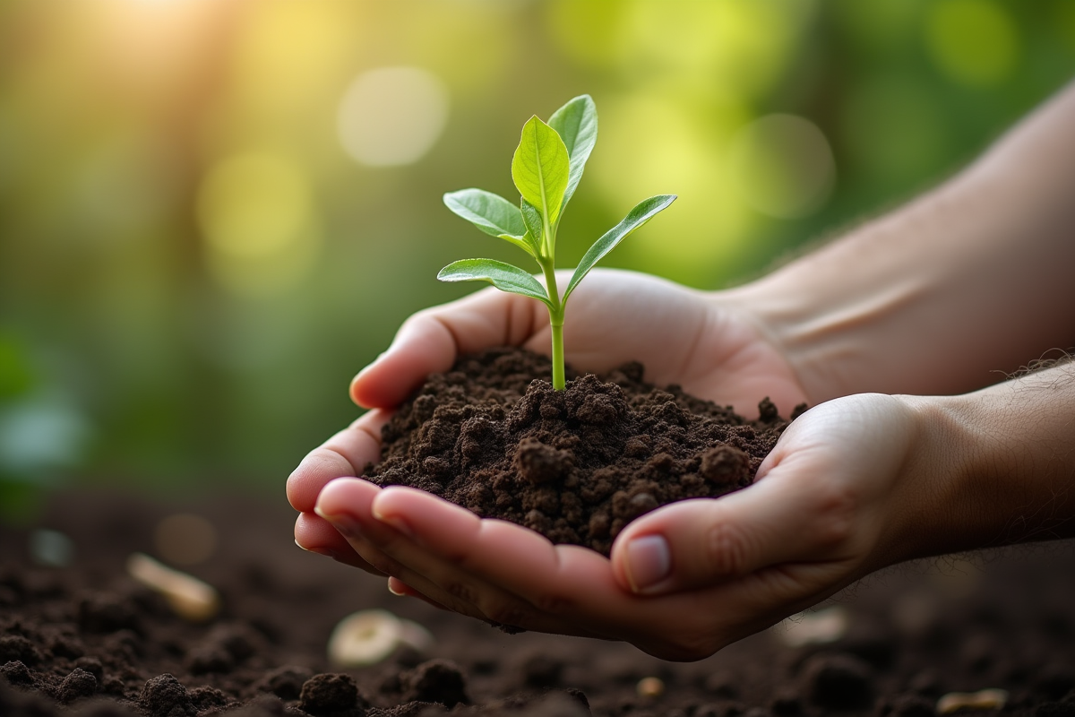 Mains tenant un jeune plant et une checklist environnementale
