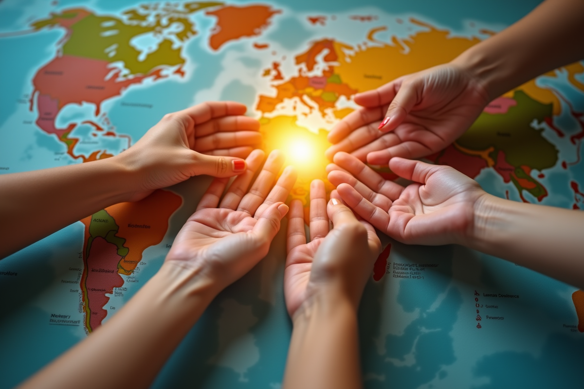 Mains de différentes personnes sur une carte du monde