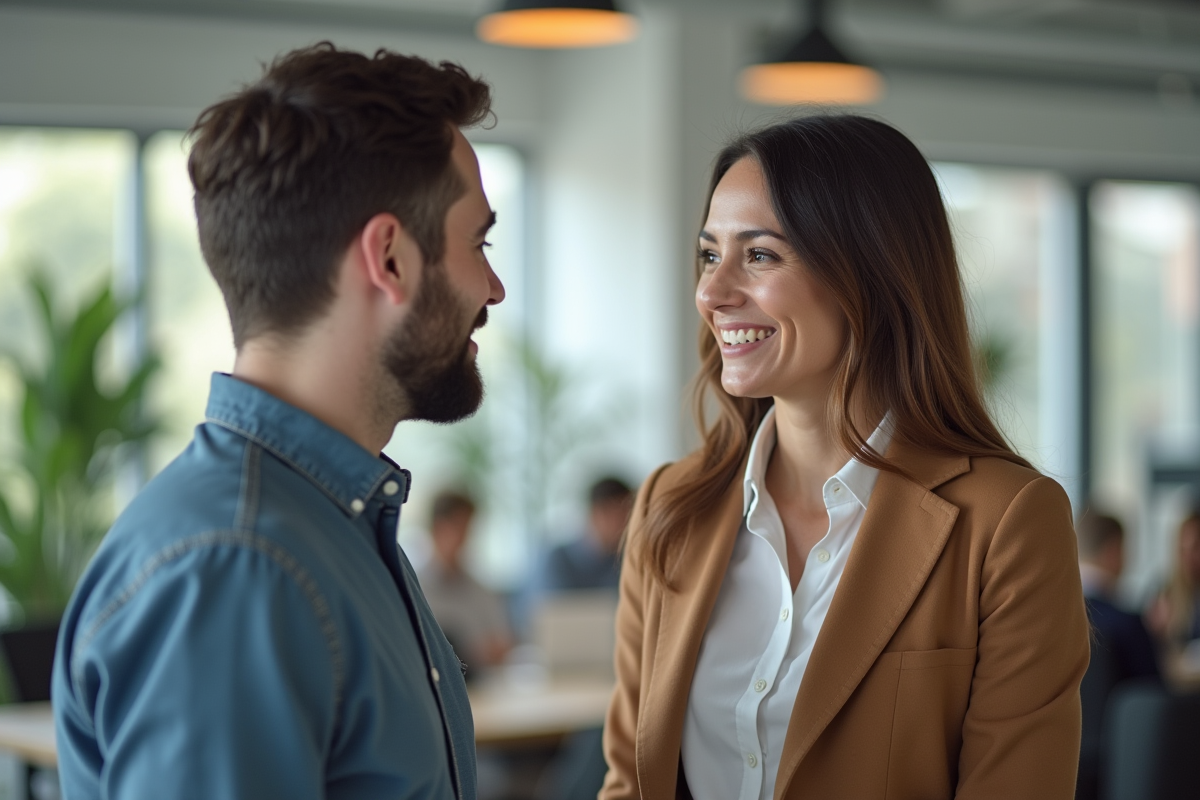 Manager donnant un retour positif à un collaborateur dans un espace lumineux